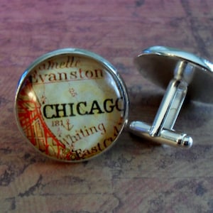 VINTAGE CHICAGO MAP Boutons de manchette argentés / Fête des Pères / Windy City / Cadeau Groomsmen