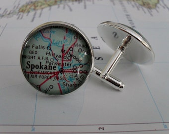 SPOKANE  Washington Map Silver CUFF LINKS / Map Cufflinks / Map Jewelry / Father's Day /  personalized groomsmen gift / gift for him