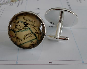 YOSEMITE National PARK Map Silver Cufflinks / Father's Day / groomsmen gift / Birthday / Personalized Gift for him / vintage map / boxed