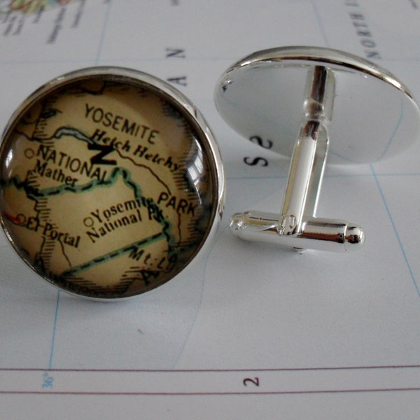 YOSEMITE National PARK Map Silver Cufflinks / Father's Day / groomsmen gift / Birthday / Personalized Gift for him / vintage map / boxed