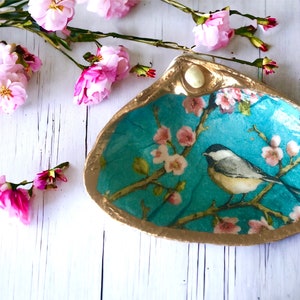 Decoupage Clam Shell Trinket Dish with Genuine Pearl / Bird & Cherry Blossoms aqua background / March birth flower Sakura /gift boxed