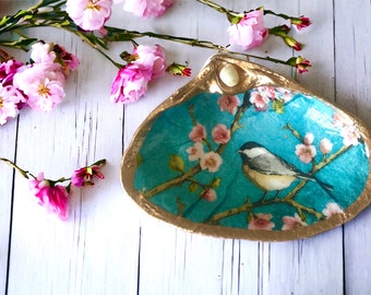 Decoupage Clam Shell Trinket Dish with Genuine Pearl / Bird & Cherry Blossoms aqua background / March birth flower Sakura /gift boxed