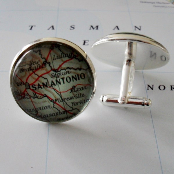 San Antonio Map Cufflinks / Texas cufflinks / Custom map cufflinks / Father's Day / Groomsmen Gift / Gift for Him / Gift boxed / silver