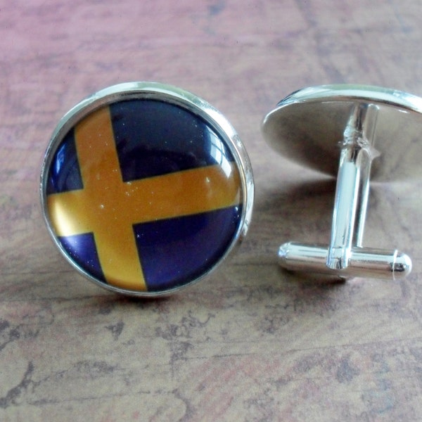 SWEDISH FLAG Silver Cufflinks // National Flag of SWEDEN // Father's Day // Groomsmen Gift // Wedding // Patriotic Cuff Links // Gift Boxed