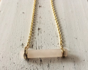 ROSE QUARTZ NECKLACE /  Gold Wire Wrapped Pendant / cylindrical pink quartz  / Raw Stone Pendant /  under 20 dollars / Gift boxed