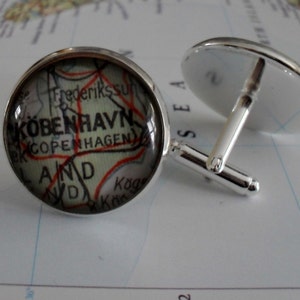 COPENHAGUE DANEMARK Carte Silver CUFFLINKS / Fête des Pères / cadeau des groomsmen / Cadeau personnalisé pour lui / boutons de manchette carte / coffret cadeau