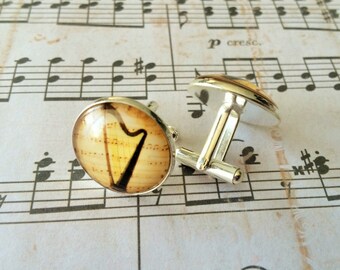 HARP CUFFLINKS / Musical Instrument Cuff Links / Cool Gift for Him / Musician cufflinks / gift for Harp Player /  Harpist Gift / Gift Boxed