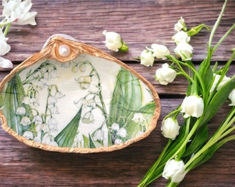 Lily of the Valley Decoupage Clam Shell Trinket Dish with Genuine Pearl & Gold Leaf Edges / May Birth Flower / gift boxed