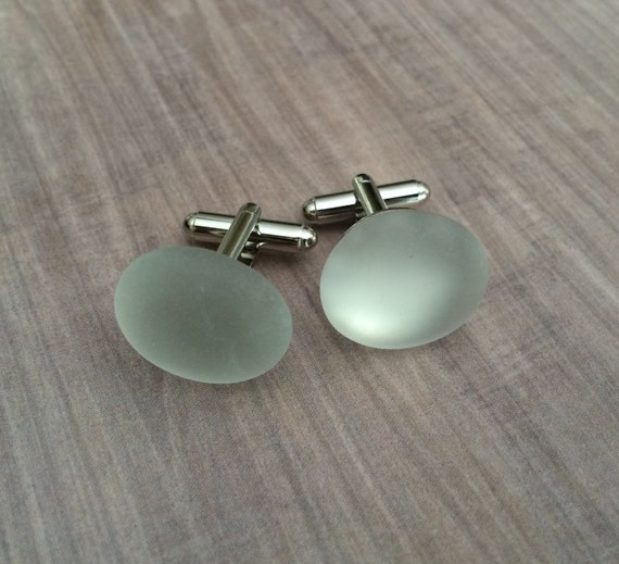 BEACH GLASS CUFFLINKS / Destination Wedding Cuff Links / Beach Wedding / Groomsmen Gift / Luminescent  Etched Glass cufflinks / Sea Glass