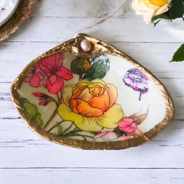 Roses Decoupage Clam Shell Trinket Dish with Genuine Pearl & Gold Leaf Edges / June  Birth Flower / gift boxed / yellow rose