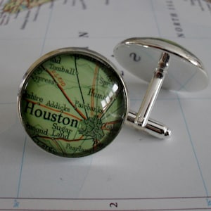 Boutons de manchette en argent carte HOUSTON TEXAS / boutons de manchette carte Houston / cadeau garçon d'honneur / cadeau personnalisé pour lui / bijoux carte / personnalisé / dans une boîte cadeau