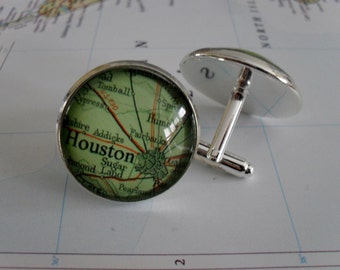 HOUSTON TEXAS Map Silver Cuff Links / Houston Map Cufflinks / Groomsmen Gift / personalized gift for him / map jewelry / custom / gift boxed