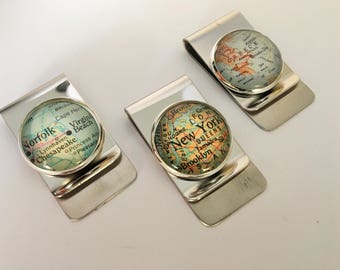 Custom MAP MONEY CLIP / Any City / Unique Gift for Him / Under 20 dollars / Vintage Map / Stainless steel / Gift Boxed