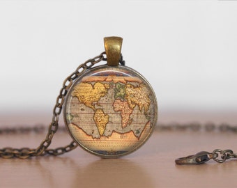 Ancient WORLD MAP NECKLACE / Antique Map Pendant / Unique Gift for Her / Map Jewelry / Globe / Vintage Map  / brass pendant / gift boxed