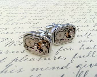STEAMPUNK Vintage WATCH Movement CUFFLINKS // Industrial // Retro // Unique Gift // Cool Cuff Links //  Upcycled // 7 jewels // mechanical