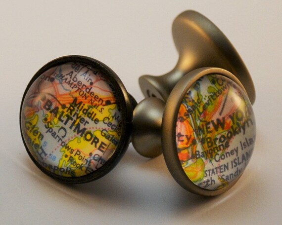 Custom Map Cabinet Knob Map Drawer Pull Glass Domed Nickel Etsy