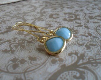 Opaque SKY BLUE Glass Drop EARRINGS / Light  Blue  Earrings / Faceted Glass / Gold  Framed Glass / Dangle / Bridesmaid Earrings / Simple