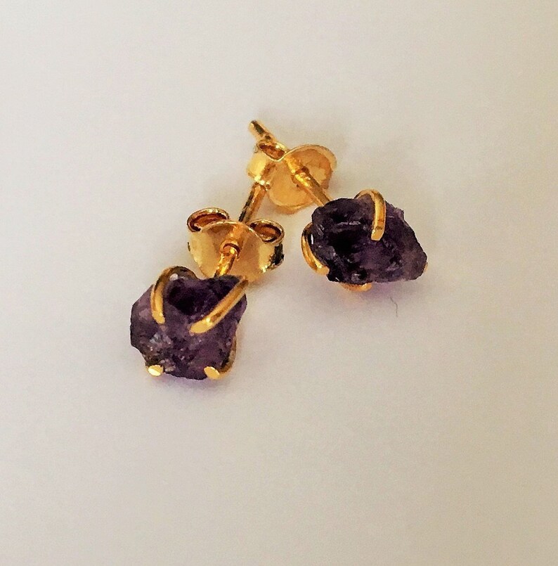 Raw AMETHYST Stud Earrings 18K over sterling silver rough stone studs purple stone earrings February birthstone gift boxed
