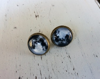 FULL MOON Glass Stud EARRINGS / Lunar / Celestial Earrings /Antique Brass  / Gift for Her under 10 dollars / gift boxed