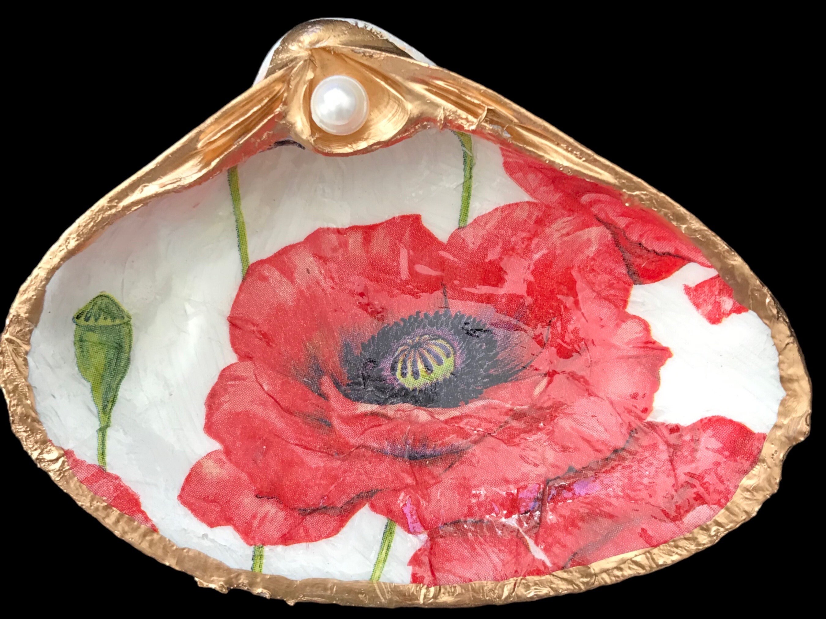 Poppy Shell Poppy Flowers Decoupage Clam Shell Trinket Dish With Genuine Pearl ...