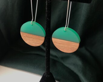 Aqua Green Resin & Wood Earrings / Silver or Gold / Gift boxed