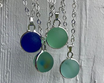 Sea Glass Marble Necklace / Silver Bezel Set Seaglass Codd Marble Pendant / gift boxed