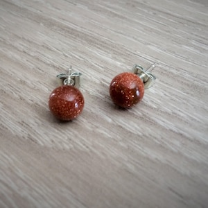 GOLDSTONE Simple Stud Earrings / Natural Stone Post Earrings / Stone Ball Earrings / Stocking stuffer / Gift Boxed image 1