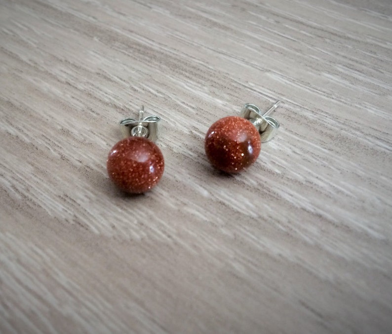 GOLDSTONE Simple Stud Earrings / Natural Stone Post Earrings / Stone Ball Earrings / Stocking stuffer / Gift Boxed image 1