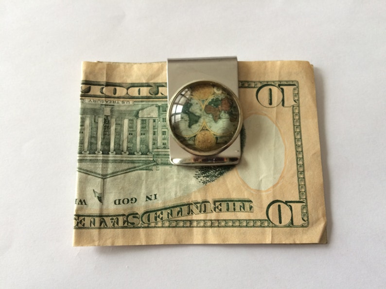 Money Clip / Antique Globe design / World map / Unique Gift for Him / Under 20 dollars / Vintage Map / Stainless steel / Gift Boxed image 3