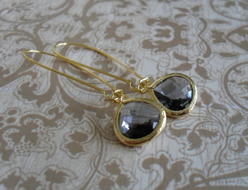 CHARCOAL GREY Glass Drop EARRINGS / Faceted Glass / Gold / Framed Glass / Dangle / Bridesmaid Earrings / Bridal / Simple / Gift boxed image 1