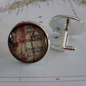 JÉRUSALEM Israël, carte de la mer Morte en argent BOUTONS DE MANCHETTE / Fête des Pères / Cadeau pour garçons d'honneur / Bijoux de carte / Coffret cadeau