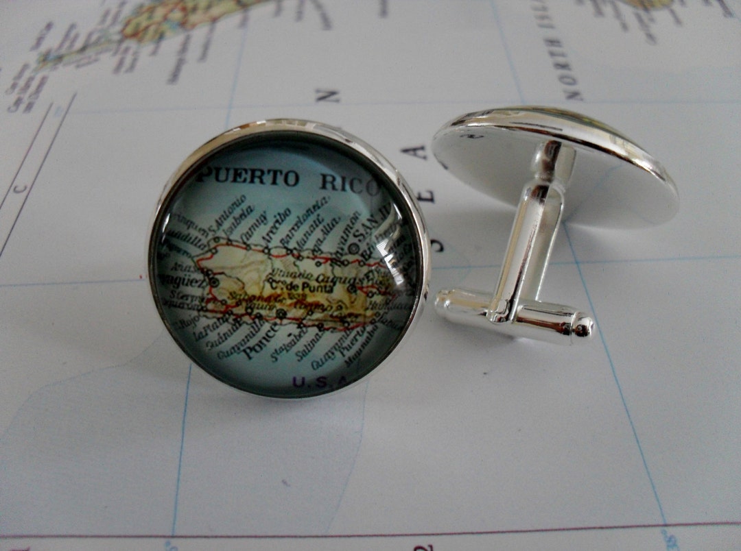 PUERTO RICO Rico Map Silver CUFFLINKS / Father's Day / Groomsmen Gift