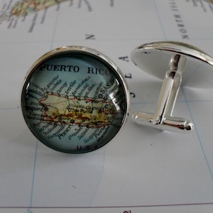 PUERTO RICO Rico Map Silver CUFFLINKS / Father's Day / groomsmen gift / Vintage map Cuff Links / Personalized Gift for him / Gift Boxed