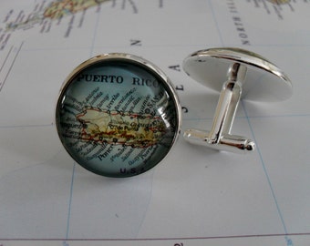 PUERTO RICO Rico Map Silver CUFFLINKS / Father's Day / groomsmen gift / Vintage map Cuff Links / Personalized Gift for him / Gift Boxed