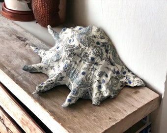 Blue Paisley Decoupaged  Large Spider Conch Sea Shell / coastal decor /cottage chic / housewarming gift