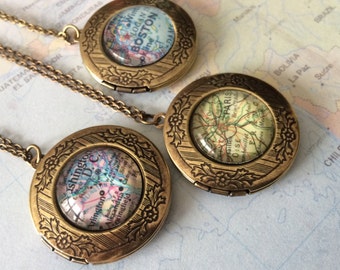 Personalized MAP LOCKET Necklace / Unique Gift  / You Pick The Location / Vintage map / Antique Bronze / Gift boxed / Custom Map Jewelry