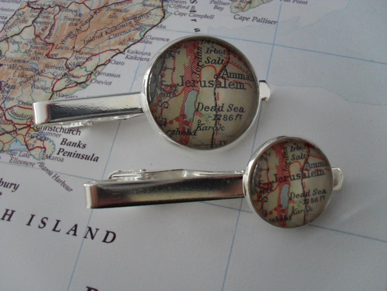 JERUSALEM MAP Silver Tie Bar Groomsmen Gift Gift for Him Anniversary 2 Sizes Tie Clip Tie Clasp Tie Slide Gift boxed