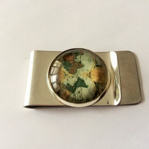 Money Clip / Antique Globe design / World map / Unique Gift for Him / Under 20 dollars / Vintage Map / Stainless steel / Gift Boxed image 1