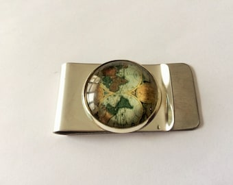 Money Clip / Antique Globe design / World map / Unique Gift for Him / Under 20 dollars / Vintage Map / Stainless steel / Gift Boxed