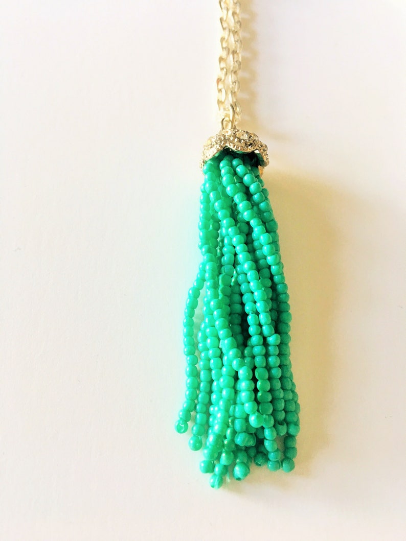 Turquoise Seed Bead /& Rhinestone TASSEL NECKLACE Silver Fidget Jewelry Trendy Necklace Gift Boxed