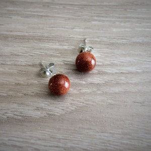 GOLDSTONE Simple Stud Earrings / Natural Stone Post Earrings / Stone Ball Earrings / Stocking stuffer / Gift Boxed image 2