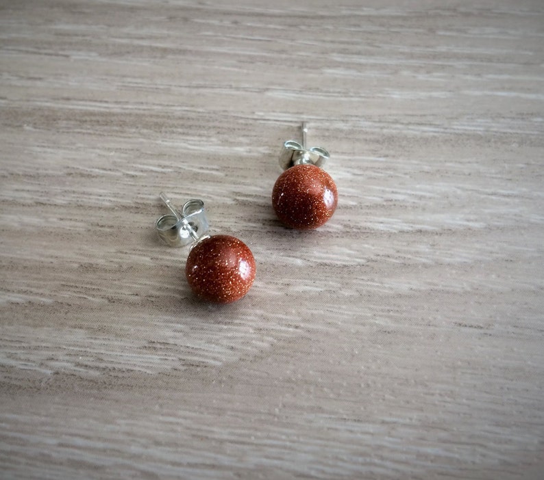 GOLDSTONE Simple Stud Earrings / Natural Stone Post Earrings / Stone Ball Earrings / Stocking stuffer / Gift Boxed image 2