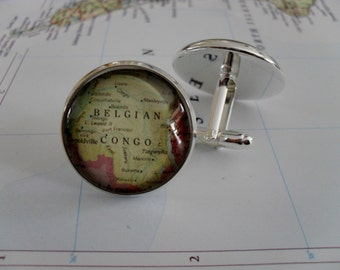 BELGIAN CONGO Africa Map Silver CUFFLINKS / Father's Day Gift / Groomsmen Gift / Vintage Map Cuff Links / Unique / 2 Sizes / Gift Boxed