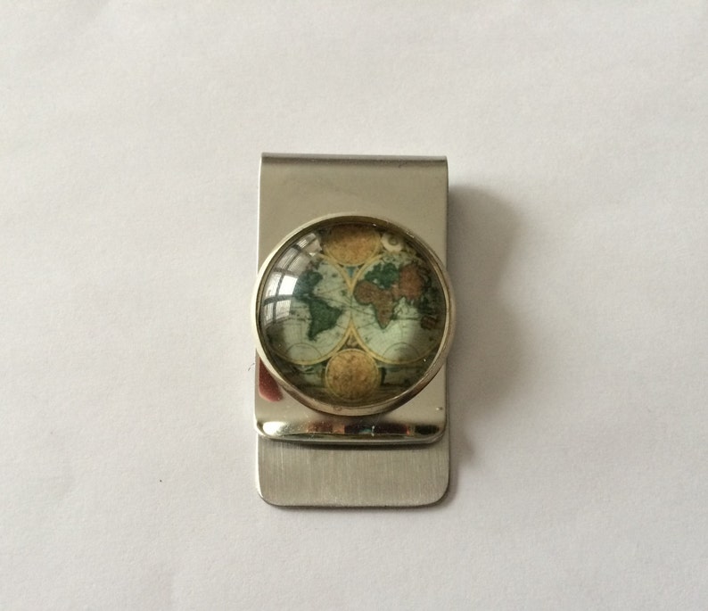 Money Clip / Antique Globe design / World map / Unique Gift for Him / Under 20 dollars / Vintage Map / Stainless steel / Gift Boxed image 2