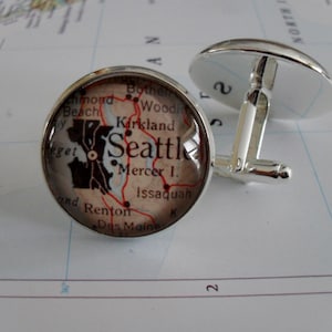 SEATTLE WASHINGTON Carte Silver CUFFLINKS / Fête des Pères / Cadeau groomsmen / Cadeau personnalisé pour lui / vintage Carte Boutons de manchette / Cadeau En boîte