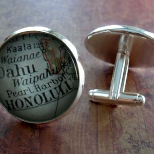 HONOLULU HAWAII Carte Boutons de manchette d’argent / Fête des Pères / Cadeau Groomsmen / Cadeau pour lui / Mariage / cartes vintage boutons de manchette / boîte cadeau