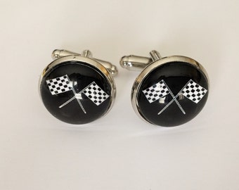 CHECKERED FLAG CUFFLINKS /  Racing Cufflinks /  Unique cuff links  / Silver / Gift boxed