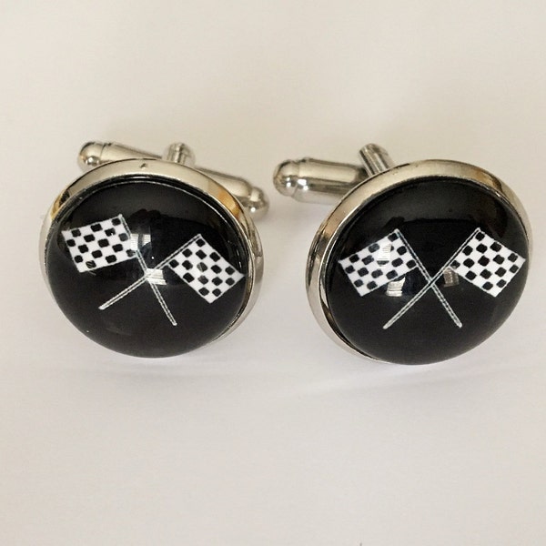 CHECKERED FLAG CUFFLINKS /  Racing Cufflinks /  Unique cuff links  / Silver / Gift boxed