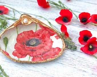 Poppy Flowers Decoupage Clam Shell Trinket Dish with Genuine Pearl & Gold Leaf Edges / August Birth Flower