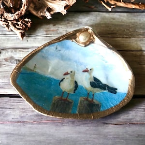 Seagulls by the Shore Decoupage Clam Shell Trinket Dish with Genuine Pearl & Gold Leaf Edges